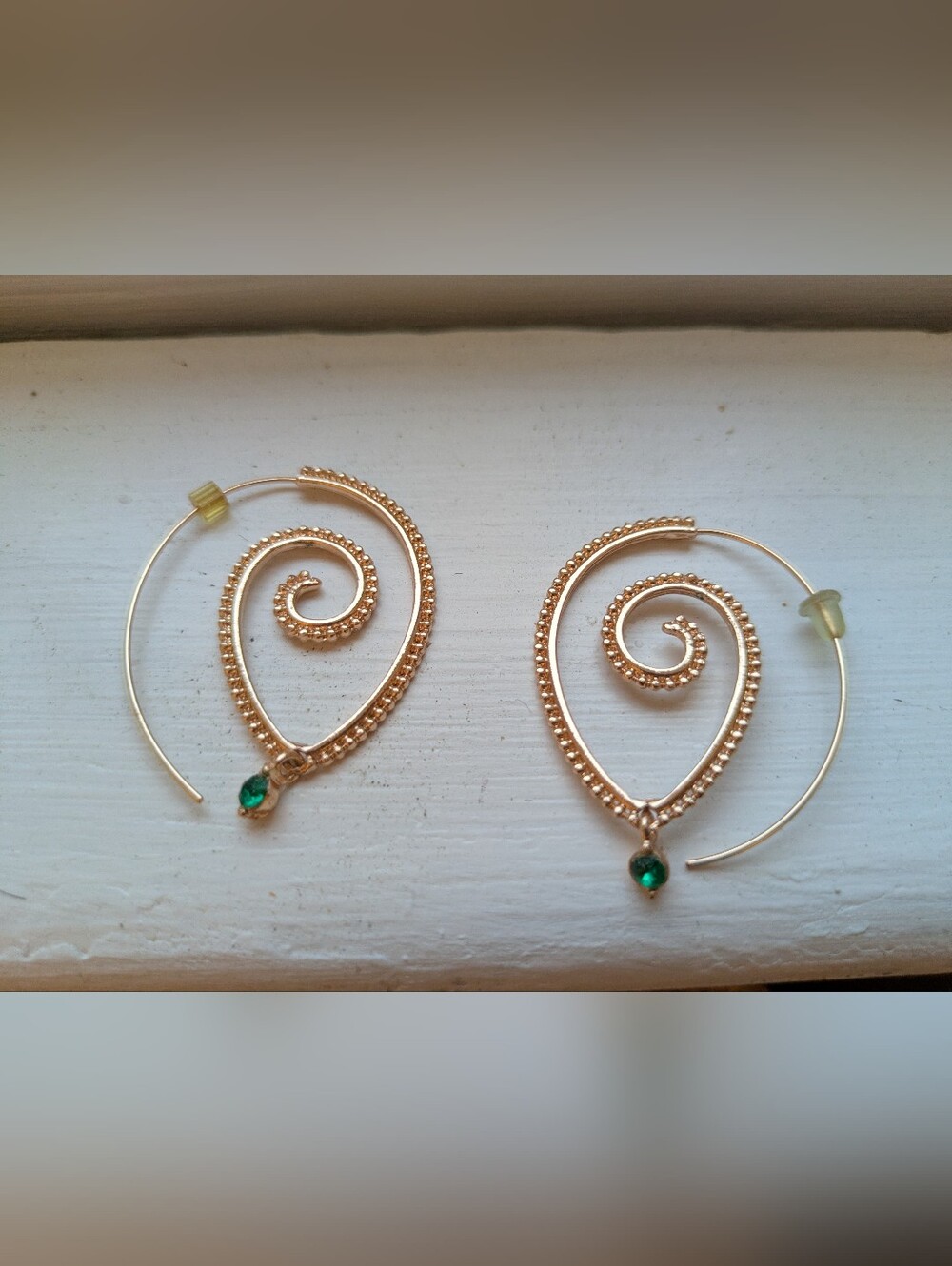 NEW Faux Gold Spiral Drop Earrings with Green Gemstone